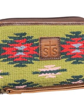 STS Ranchwear Green Southwestern Pattern Zip Wallet with Red & Pink Accents